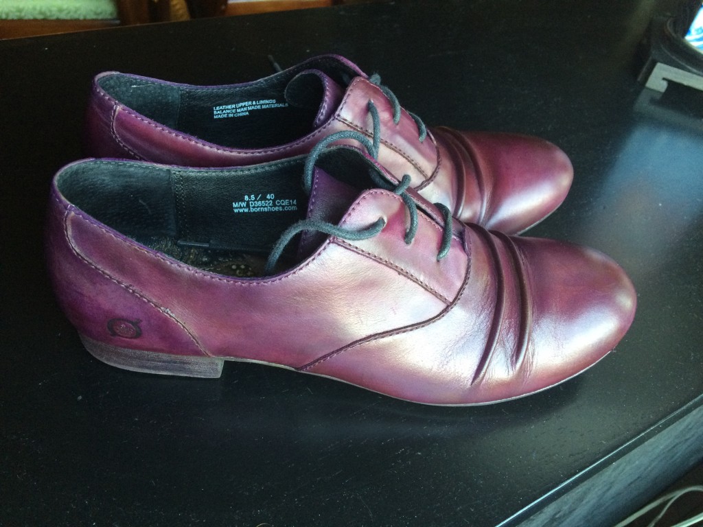 After: Börn shoes dyed a cheery red-purple. 