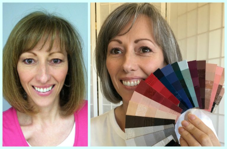Gray hair before & after with custom color palette. Joy Overstreet, Portland’s personal color analyst, custom color palettes, www.ColorStylePDX.com